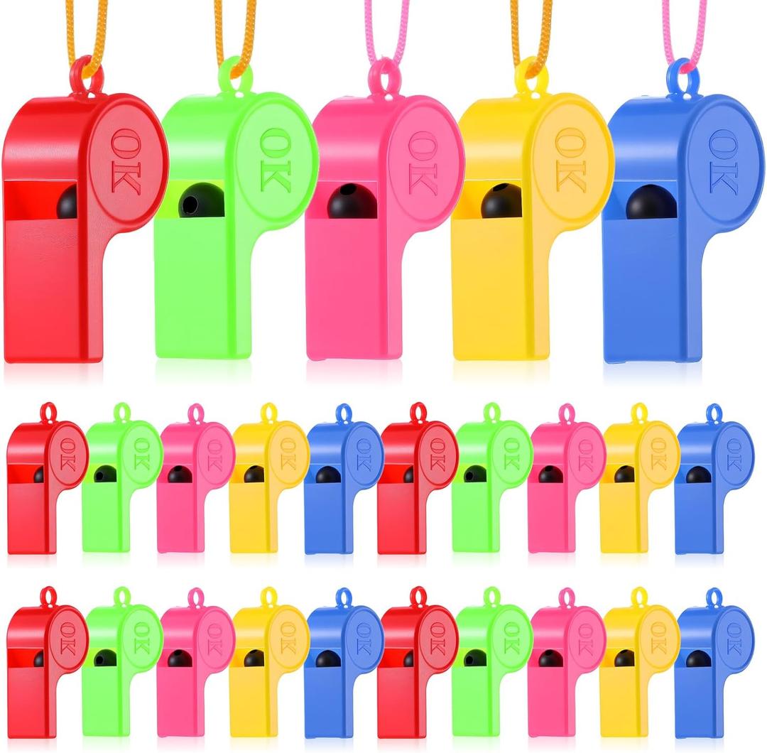 Plastic Whistles with Lanyard, 25 Pcs Colorful Sports Whistle Bulk Loud Crisp Sound Whistle for Coaches Referees Teachers Training Gyms & Events