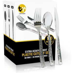 120 Pcs Disposable Cutlery Set, Silvery Plastic Silverware,60 Forks, 30 Spoons, 30 Knives, Heavy Duty Flatware for Holidays, Parties, Dinners, Weddings, and Occasions