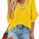 Womens Summer Tops 3 4 Sleeve Women Blouses Casual Boho Top Spring Floral Short Sleeve Shirts Vacation (Yellow, M)