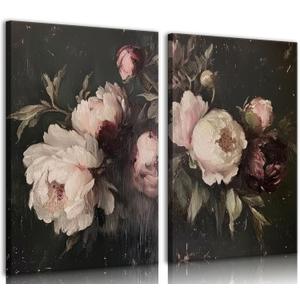 2pcs Vintage Peonies Flower Canvas Wall Art Classical Dark Pink Peonies Pictures Wall Decor Retro Moody Floral Botanical Still Life Posters Prints for Living Room Bedroom Room Home Decoration (16x24in)