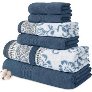 Modern Threads Ophelia 6-Piece 100% Cotton Towel Set  Reversible Yarn Dyed Jacquard & Solid  Includes 2 Bath Towels, 2 Hand Towels, 2 Washcloths  Absorbent, Quick Dry, Soft & Durable  Blue