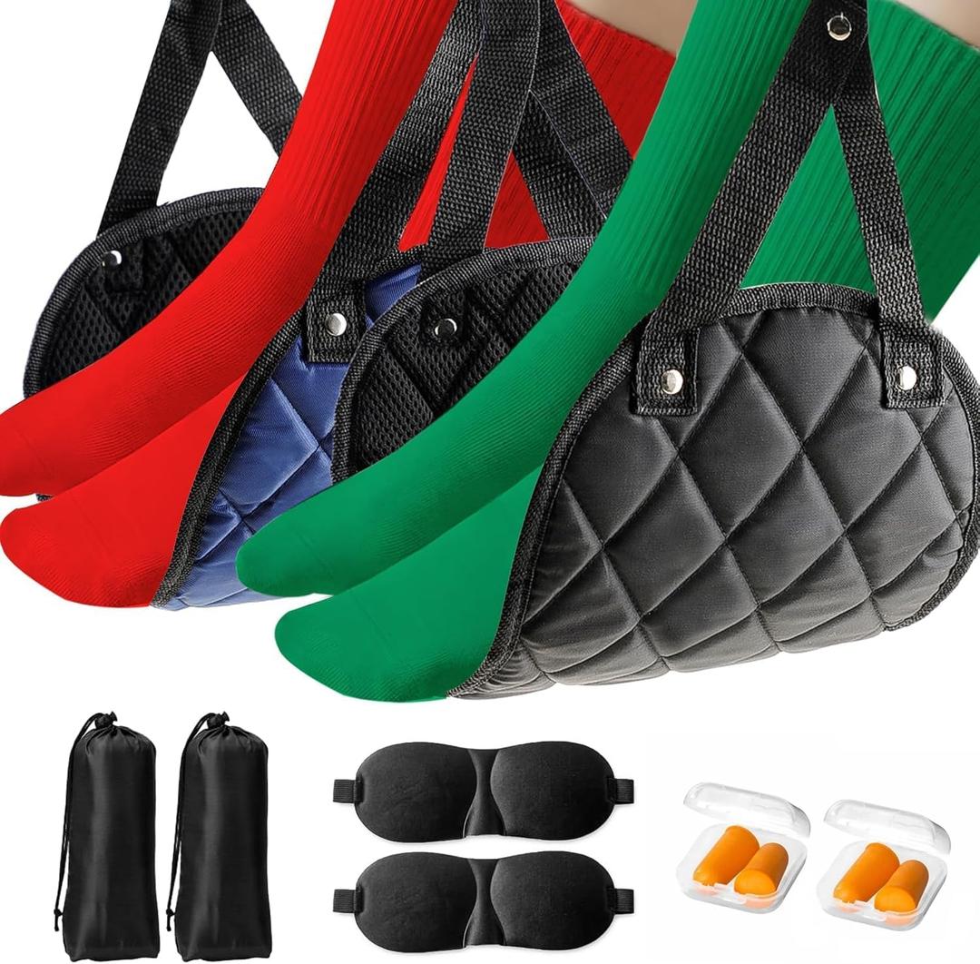 Premium 2-Pack Airplane Foot Hammock with 2 Eye Masks & 2 Earplugs Set - Adjustable Length Foot Rest for Comfortable Plane Travel, Portable Under Desk Flight Foot Leg Sling - Black & Blue