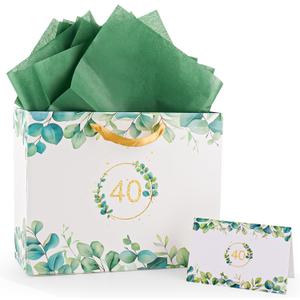 Yiran Eucalyptus Leaves Gift Bags, 40th Birthday Bag with Gift Paper and Cards, 40th Womens Mens Anniversary Birthday Gifts Wrapping Party Decoration