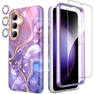 SHEDEER Designed for Samsung Galaxy S24 Plus Case with Shiny Camera Cover & Screen Protector, TPU Shockproof Protective, Fade-Proof Chic Stylish Pattern Phone Cases Cover for S24 Plus, Purple