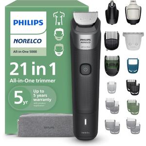 Norelco Philips All-in-One 21-Piece Trimmer 5000 Series - Electric Shaver and Clipper for Face, Beard, Hair & Body, Self-Sharpening Titanium Blades, 22 Length Settings (0.5-16 mm), MG5995/40 (Black)