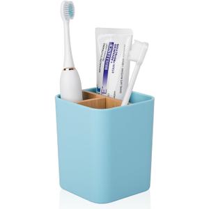 Bamboo Toothbrush Holder for Bathrooms, 3 Slots Toothbrush and Toothpaste Holder Bathroom Counter Organizer for Electric Toothbrushes, Floss, Razors - Blue