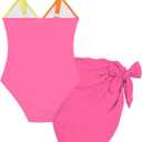 Funnycokid Girls One Piece Swimsuit Color Block Teen Bathing Suit with Pad Cover Up Skirt (7-16Y)