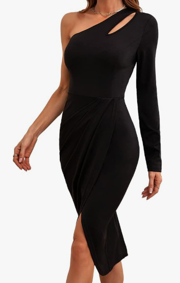 Theenkoln Women's One Shoulder Long Sleeve Hiding Tummy Party Dresses Cocktail Sexy Irregular Hem Fitted Club Dresses, Black, XL