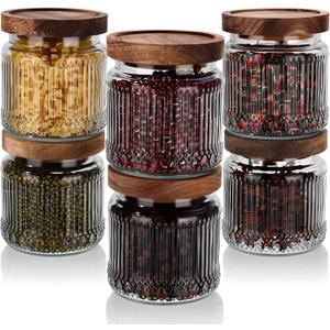 6 Pcs 500ml/17 oz Vintage Glass Storage Jar Glass Containers with Wood Lid Ribbed Pattern Airtight Kitchen Spice Containers for Pantry, Coffee Bean, Grains, Tea, Sugar, Flour, Candy, Oats