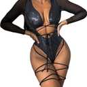 MINGSEECESS Women Sexy Metallic One Piece Swimsuit Mesh Long Sleeves Hollow Out Swimwear Lace Up Bathing Suit Bikini (Large)