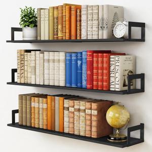 Large Floating Book Shelves for Wall Set of 3, 36 Inch Long Wall Mount Bookshelf for Bedroom, Heavy Duty Wood Hanging Bookshelves for Books, Laundry Living Room Classroom Library, Black