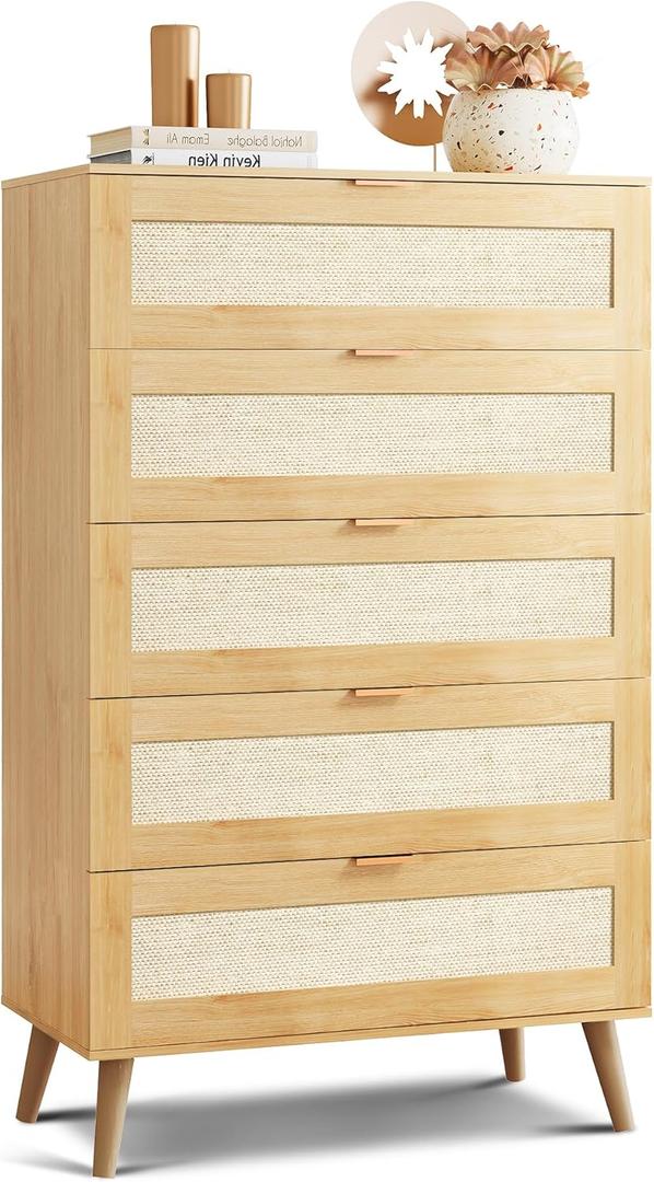 WLIVE Rattan Dresser for Bedroom, 5 Drawer Wood Boho Dresser Storage with Gold Metal Handle, Chest of Drawers for Living Room, Closet, Hallway, Light Oak