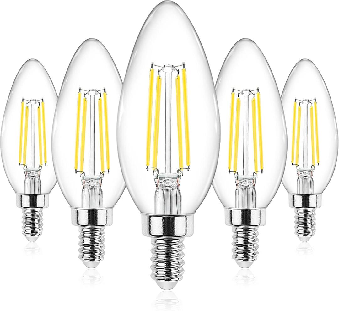 Ascher E12 Candelabra LED Light Bulbs 60 Watt Equivalent, Daylight White 5000K, Non-Dimmable, 550 Lumen, Clear LED Filament Candle Bulbs, Pack of 5