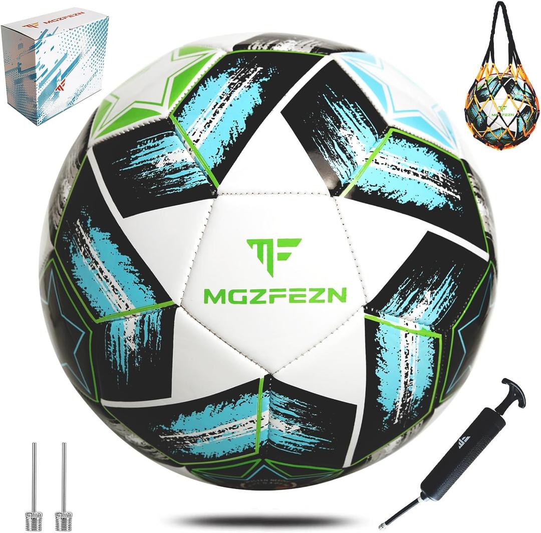 Youth Soccer Ball Size 3/4/5, Kids Outdoor Play Game Training Practice Soccer Ball for Teen Boy Girl Indoor Outdoor with 1 Pump 1 Net Bag and 1 Gift Box (White)