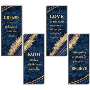 ONIZHITY 4 Pcs Blue and Gold Bathroom Decor Navy Blue Bathroom Accessories Dreams Faith Love Believe Wooden Rustic Marble Style Versatile Wall Decor for Bedroom Living Room(Blue Gold 10X4)