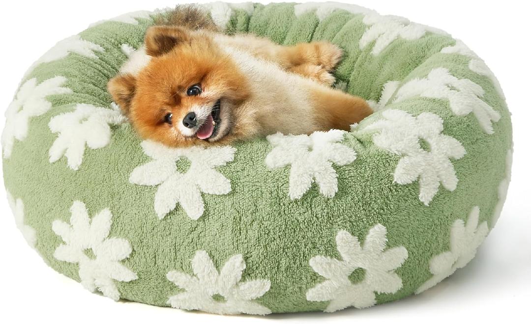 LE SURE Shown on TV Small Dog and Cat Bed - Round Calming Beds as Present for Pets, Cute Modern Home Decor with Jacquard Shaggy Plush & Anti-Slip Bottom, 23 Inch, Green