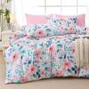 MUXHOMO Pink Blue Branch Bed in a Bag Queen 7 Pieces, Queen Comforter Set Reversible Botanical Flowers Design, Ultra Soft & Breathable Bedding Sets with Comforter, Sheets, Pillowcases & Shams