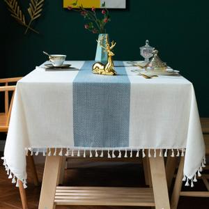 Oubonun Tablecloths for Rectangle Tables, Cotton Linen Waterproof Farmhouse Table Cloth with Boho Tassels  Wrinkle Free, Wipeable & Washable for Kitchen & Dining, 55''x86'', 6-8 Seats (Beigeblue Stripe)