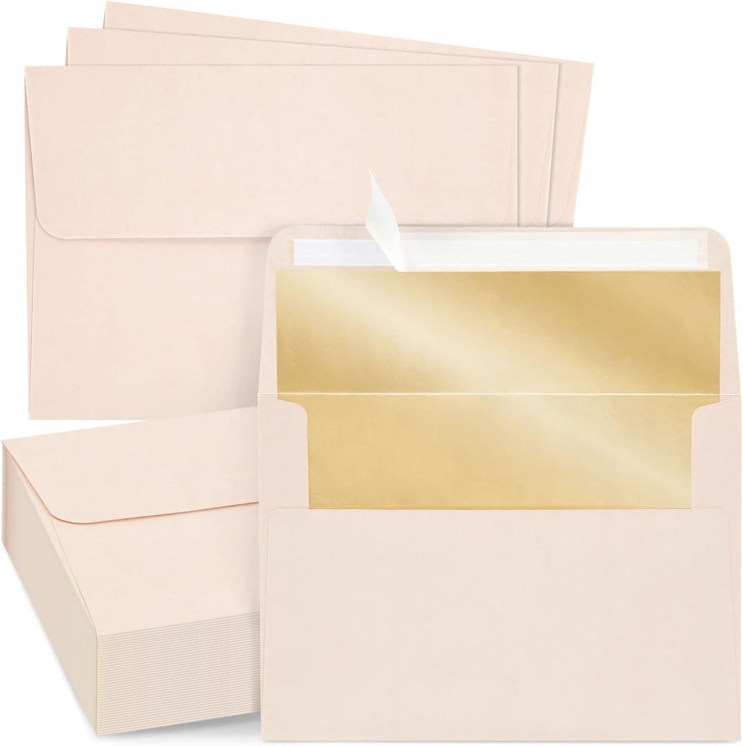 50 Pack Blush Pink 5x7 Envelopes for Invitations, Wedding, A7 Size with Bronze Lining and Self Adhesive Peel and Stick