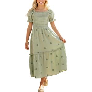 Sunny Spirit Girls Summer Dresses Tween Dress for Girl Maxi Spring Boho Floral Short Puff Sleeve Smocked Cotton 5-14 Years (Green)