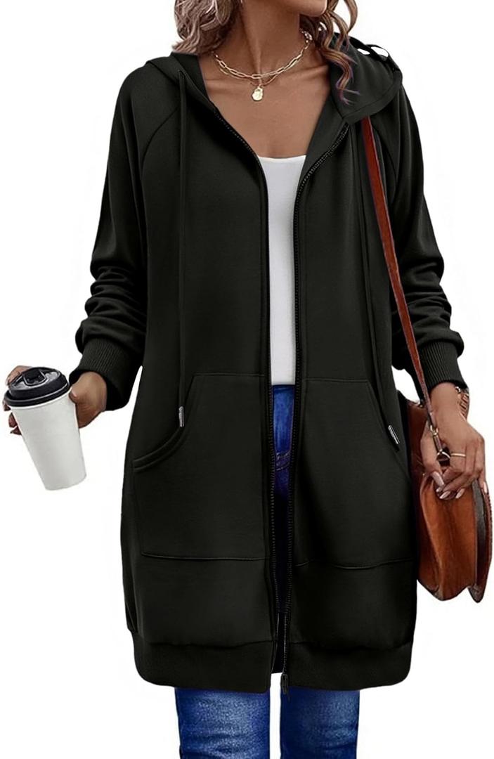 Zeagoo Women's Zip Up Hoodies Long Sleeve Long Tunic Sweatshirts Oversized Fleece Casual 2026 Fall Jacket Coat with Pocket (X-Large, 01 Black)