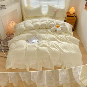 MOOWOO Chic Ruffle Lace Polyester Duvet Cover Set -Girl Yellow Bedding-2 Piece Twin Duvet Cover with Zipper Closure -Ultra Soft and Light Weight(Light Yellow, Twin)