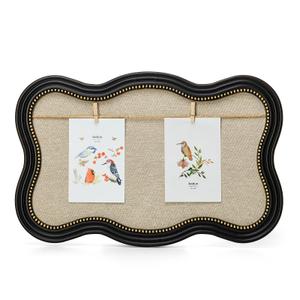 ibalux Linen Picture Board, Solid Wood Black Wavy Border Collage Frame, 18.8"x12.2", Display Multi-Size Photos with Clips & Jute Rope, Home Kitchen Office Decorative Hanging or Wall Organizer