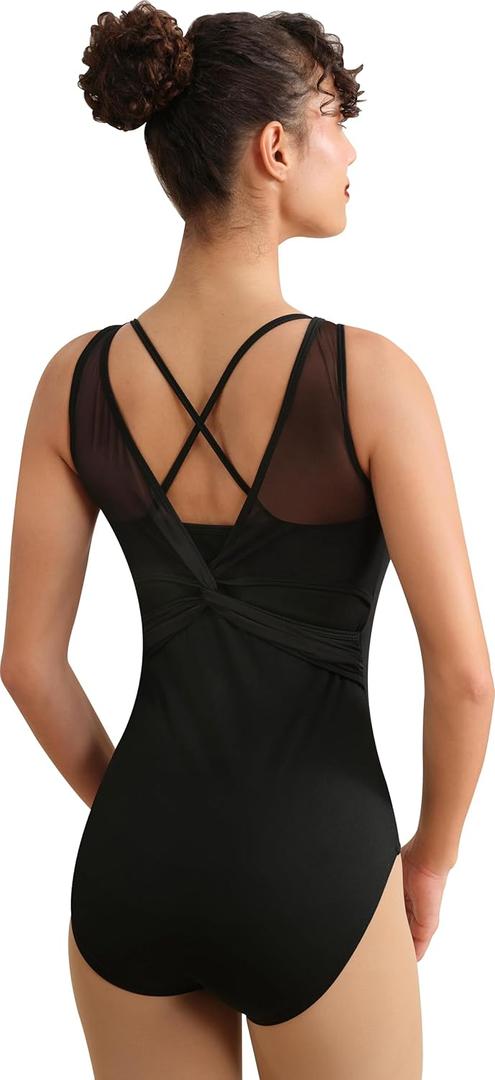 Women Dance Leotard Mesh Camisole Dancewear,Waist Mesh Splicing,Double Back Straps,Full Front Lining