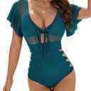 Blooming Jelly Women's One Piece Swimsuit Tummy Control High Waisted Mesh Bathing Suit with Triangle Bikini Top (Dark Cyan) L