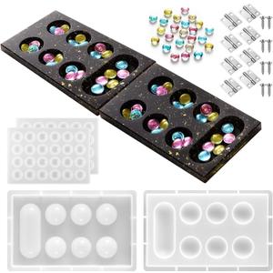 Zhehao Mancala Board Game Molds Set Epoxy Silicone Resin Molds Kit with 2 Pcs Mancala Stones Molds 4 Pcs Metal Mancala Accessories Mancala Board Resin Game Molds for Gifts DIY Family Party Board Games