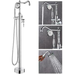 Free Standing Tub Faucet, Floor Mount Bathroom Tub Filler, Freestanding Bathtub Shower Faucets with Handheld Sprayer, Chrome