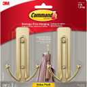 Command Large Satin Brass Double Hooks, 2 Hooks and 2 Command Strips, Damage Free Hanging Wall Hooks with Adhesive Strips, No Tools Coat Hooks for Hanging Home Decor, Holds up to 4 lb