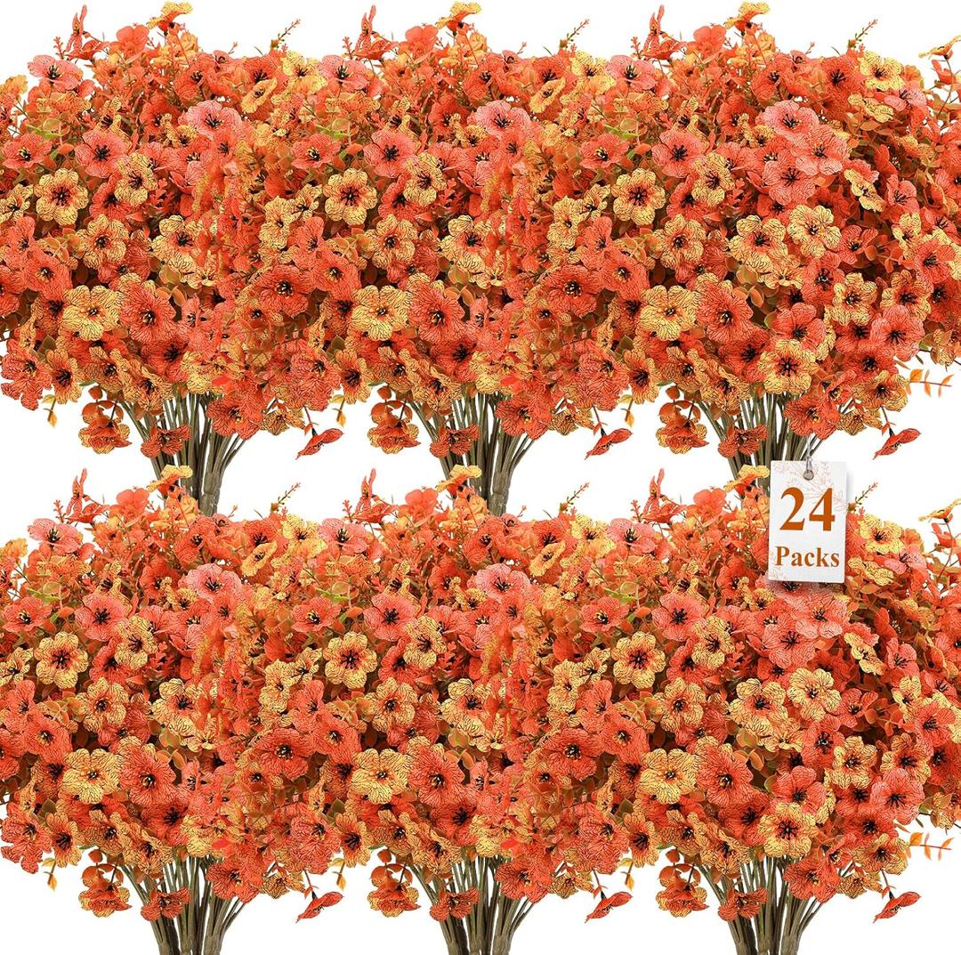 SHareconn 24 Bundles Artificial Fall Flowers for Outdoors Decoration, UV Resistant Silk Eucalyptus Lavender Faux Autumn Fake Plants for Outside Indoor Garden Yard Porch Home Decor, Autumn Orange-Red