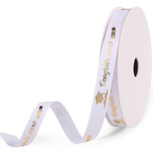 Graduation Ribbon, 0.39 Inch x 9.8 Yards Hot Stamping Process Congrats Grad Ribbon Gold Glitter Decorative Class Ribbon Ribbon for Gift Wrapping Party Decoration (White Gold)