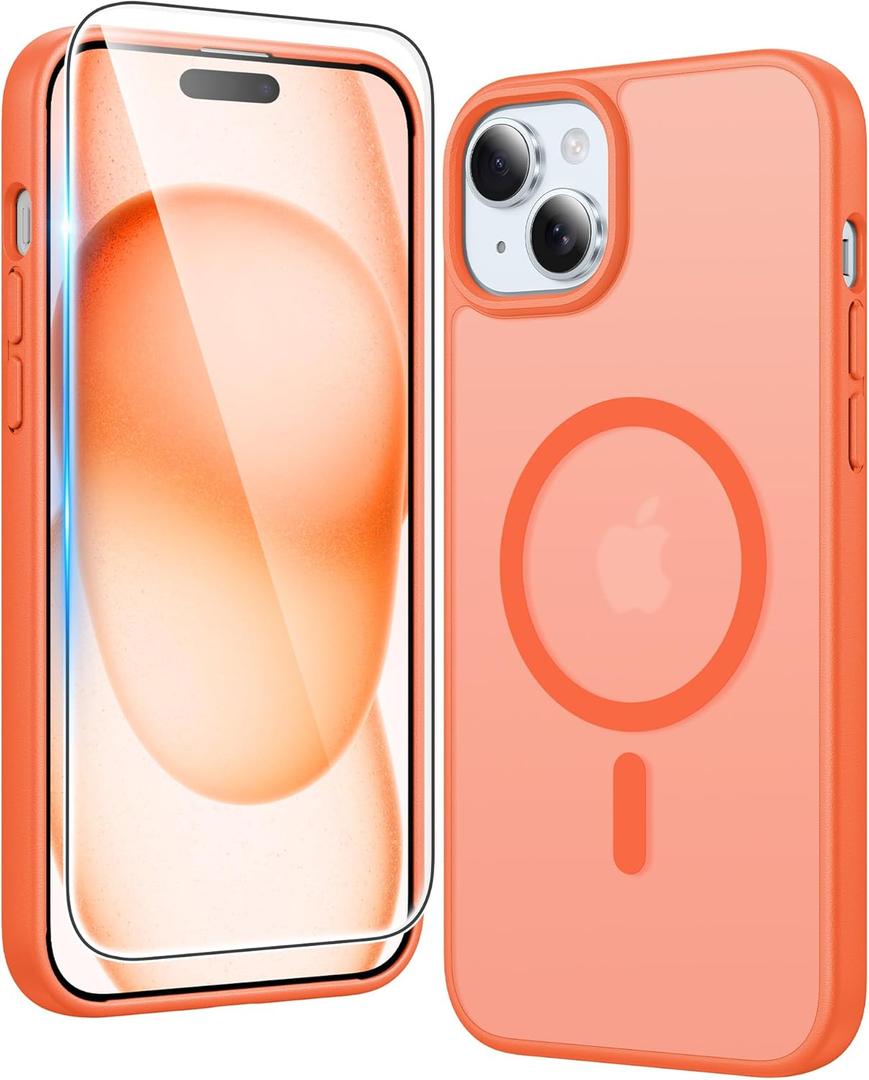 FNTCASE for iPhone 15 Case Matte: iPhone 14/13 Case Magnetic Phone Cases with Screen Protector Compatible with Magsafe Slim Anti Yellowing Rugged Protective Translucent Cell Cover (C-Orange)