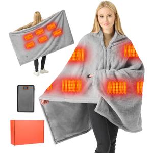 Graphene Heated Blanket Battery Operated, 20000mAh Battery 7.4V Fast Heating Blanket Portable Heated Shawl, Cordless Rechargeable Heated Shawl 3 Temperature Settings, Gift for Women (Gray)