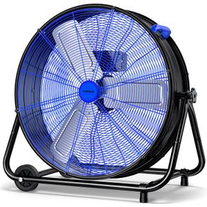 VAGKRI 24 Inch Industrial Drum Fan, 320W High Velocity Floor Fan, 3 Speed Heavy Duty Metal Air Circulator, 360 Tilt with Casters Handle ETL Standard for Patios, Warehouse, Commercial,Basement (Blue)