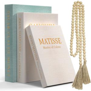 Decorative Books for Home Decor - Set of 3 Linen Faux Book Decor Storage Boxes with Wooden Bead Tassel, Bookshelf & Coffee Table Decor, Hidden Storage Book Boxes for Living Room, Office, Bedroom
