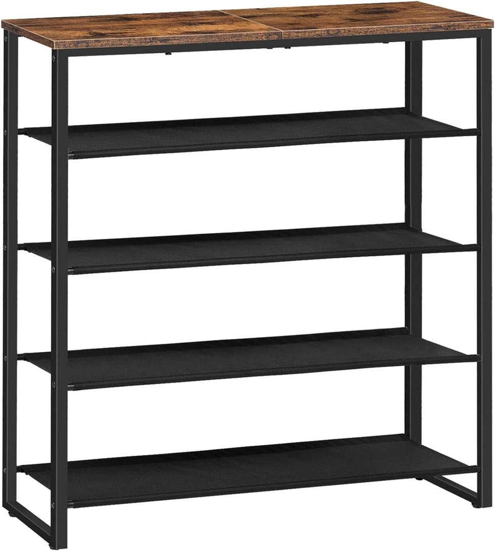 HOOBRO Shoe Rack, 5 Tier Shoe Storage Organizer with 4 Oxford Fabric Shelves and Top Panel, Holds 16-20 Pairs of Shoes, for Entryway and Closet, Industrial, Rustic Brown BF50XJ01