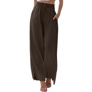 KISSMODA Womens Palazzo Lounge Pants Drawstring Elastic Waist Wide Leg Pants with Pockets Casual Boho Trousers (Brown, XL)