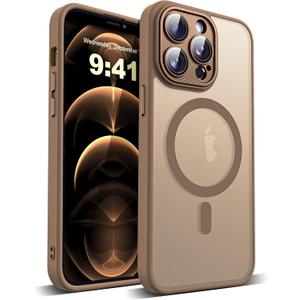 YEMORAN Compatible with iPhone 12 Pro Max Case with Built-in Camera Lens Protector Translucent Magnetic 12 Pro Max Phone Case 6.7" [Compatible with Mag-Safe][Great Grip Feeling], Desert Brown