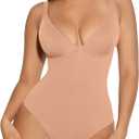 FeelinGirl Shapewear Bodysuits for Women Tummy Control Body Suits Deep V Neck Thong Body Shaper (Large, Sand)