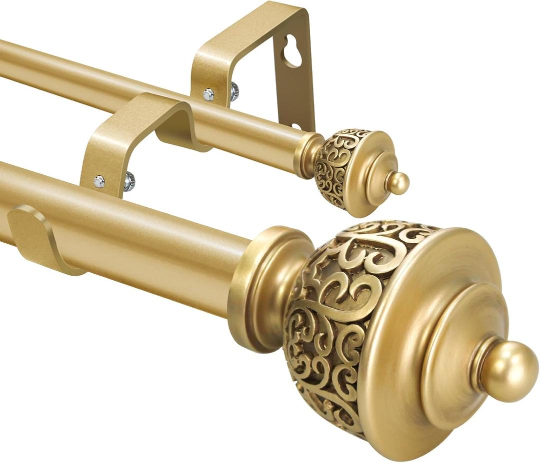 1 Inch Gold Double Curtain Rod with Vintage-style Finials-Tension Curtain Rods 28-48 Inchs for Bedroom&Home Decor