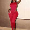Sexy 2 Piece Sets for Women Sleeveless Hollow Out Bodysuit Top Bodycon Ruched Leggings Set Jumpsuit Club Outfits (Red, XXL)