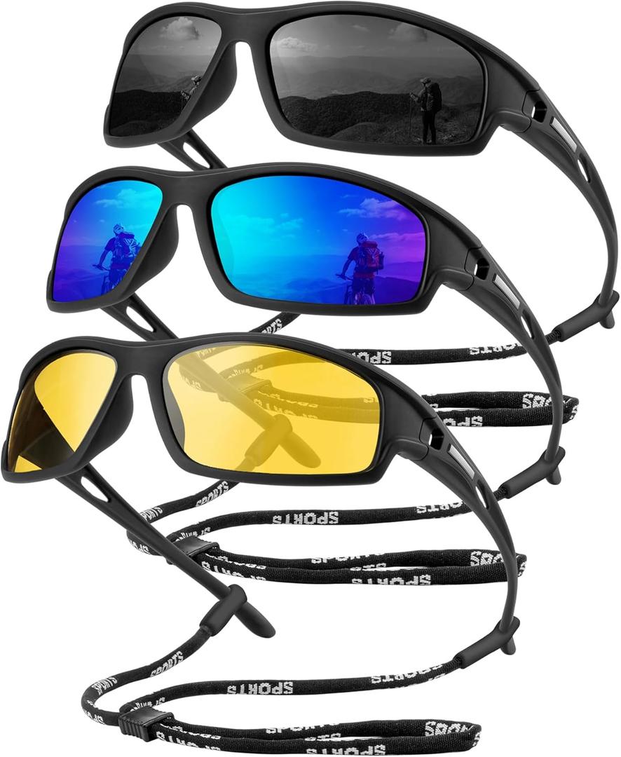 Polarized Sunglasses Men, Sports Sun Glasses Womens UV400 Protection for Fishing Running Driving (Black/Ice Blue/Night Vision)