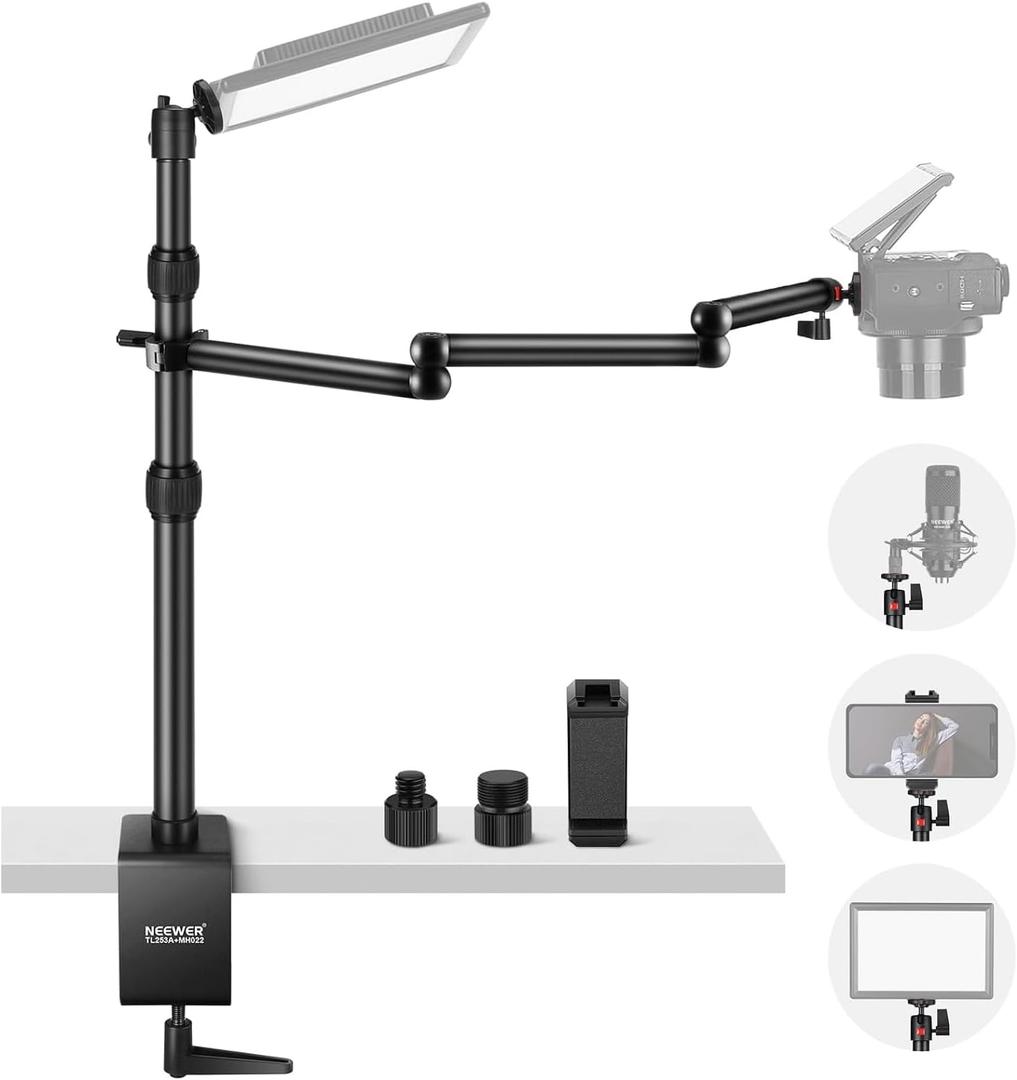 NEEWER Upgraded Overhead Camera Rig with Trifold Camera Boom Arm (Max Load 2lb), 47"/1.2m Telescopic Desk Mount Stand (Max Load 8.8lb) with Phone Clamp Ball Head for LED Light Webcam Mic, TL253A+MH022