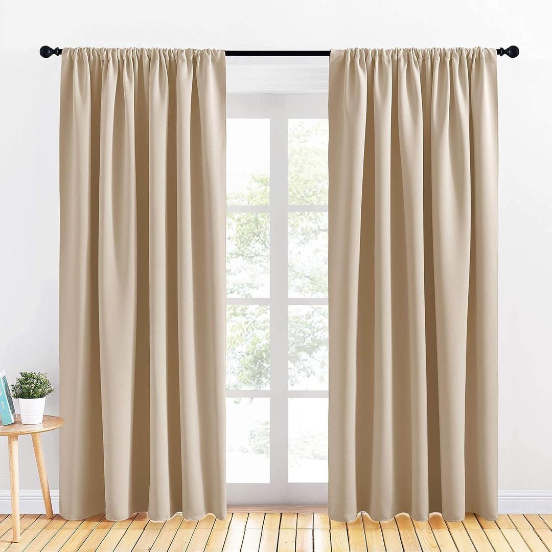 PONY DANCE Room Darkening Curtains - Rod Pocket Top Curtains and Drapes Solid Soft Window Panels Light Block for Living Room, 70 Wide by 84 in Drop, Biscotti Beige, 2 Pieces