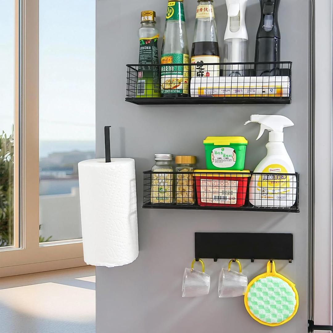 Magnetic Spice Rack for Refrigerator Magnetic Fridge Shelf for Kitchen Spice Organizer Magnetic Shelf, Classic Grid Design, 2*Spice Racks, 1*Hooks Rack, 1*Paper Towel Holder, 5*Removable Hooks