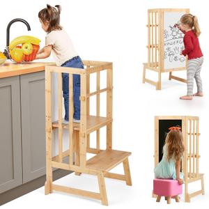 3 Height Adjustable Kids Step Stool, A-Shaped Structure Kids Standing Tower, Wooden Toddler Tower, Kids Standing Tower Aged 18-36 Months,with Safe Fences Suit in Kitchen/Bathroom, Natural