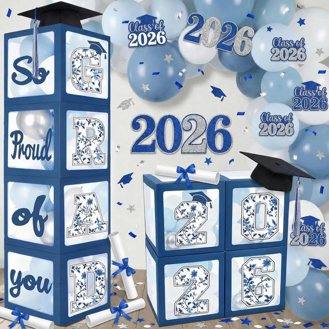 Gemscream 2026 Graduation Party Decoration Blue Grad Box with Chinoiserie Flowers Letters 2026 Grad & So Proud of You and 20pcs Balloons for Any Grade's Graduation Party Supplies